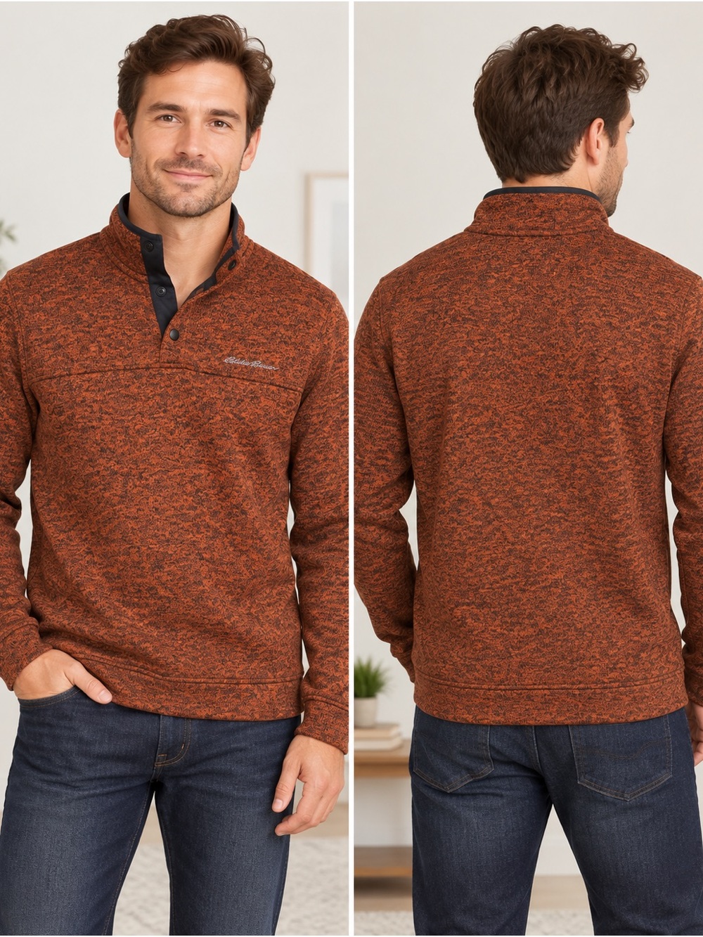 Eddie Bauer Men’s Small Orange Black Marled Snap Mock Neck Pullover Sweater